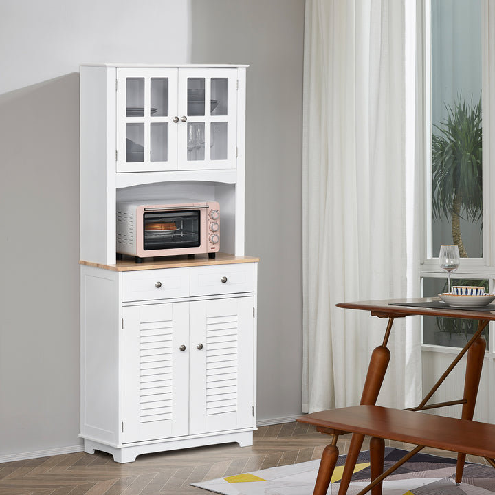 Modern Kitchen Cupboard, Louvered Kitchen Storage Cabinet with Framed Glass Doors and 2 Drawers, White