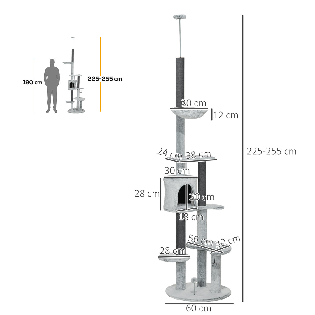 255cm Floor to Ceiling Cat Tree with Scratching Posts, Height Adjustable Cat Tower with Hammock, House, Anti-tipping Kit, Perches, Toys, Grey