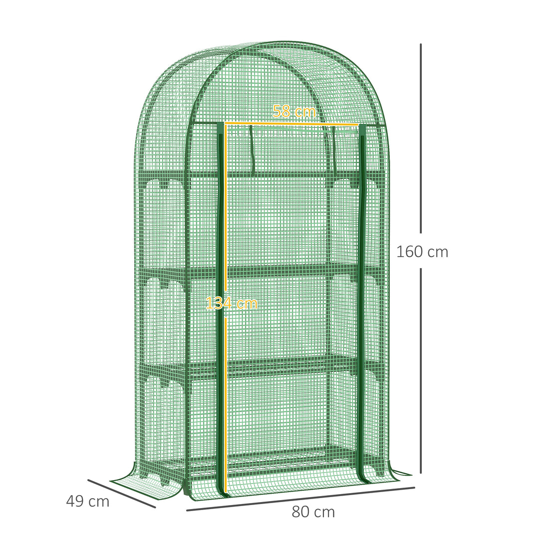 Outsunny 80x49x160cm Mini Greenhouse for Outdoor, Portable Gardening Plant with Storage Shelf, Roll-Up Zippered Door, Metal Frame and PE Cover, Green