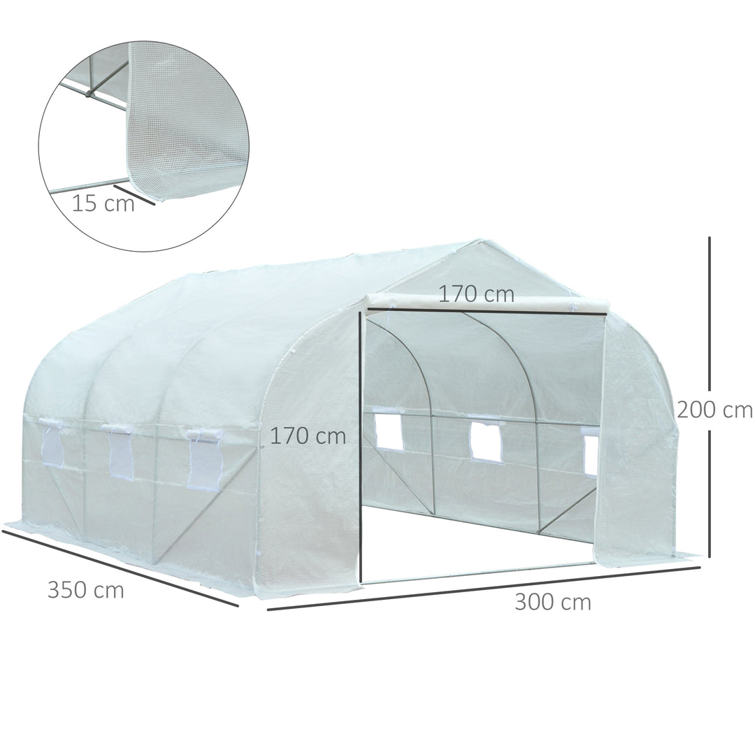 Outsunny 3.5 x 3 x 2m Walk-In Greenhouse Polytunnel Greenhouse Garden Hot House with Steel Frame, Roll Up Door and Windows, White
