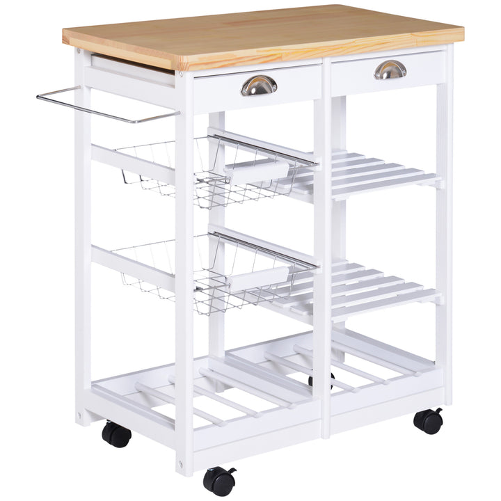 Rolling Kitchen Island Trolley Cart Drawer Shelves Basket Wheels W/  6 Bottle Wine Rack White