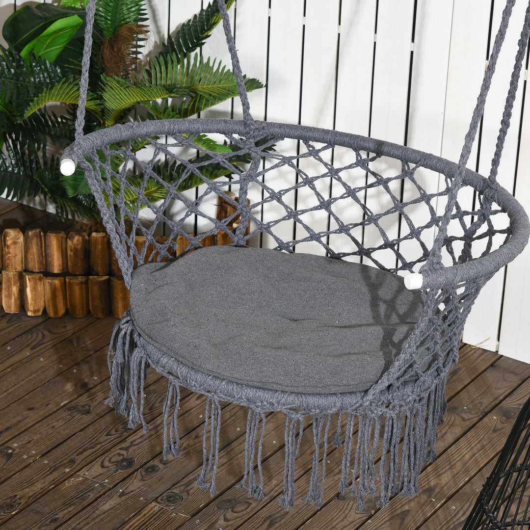 Outsunny Hanging Hammock Chair Cotton Rope Porch Swing with Metal Frame and Cushion, Large Macrame Seat for Patio, Bedroom, Living Room, Dark Grey