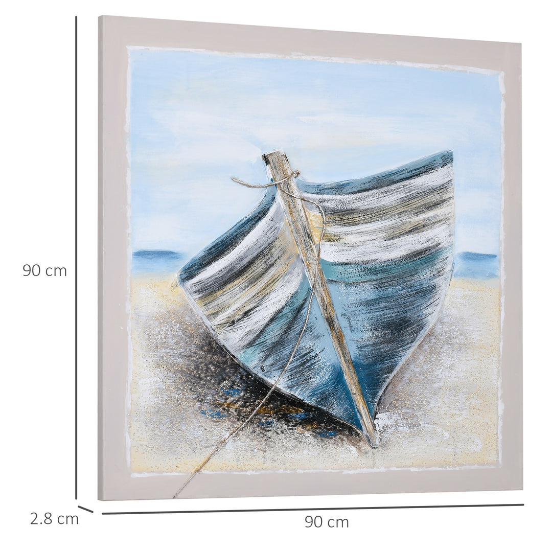 Hand-Painted Canvas Wall Art Blue Boat in the Beach, Wall Pictures for Living Room Bedroom Decor, 90 x 90 cm