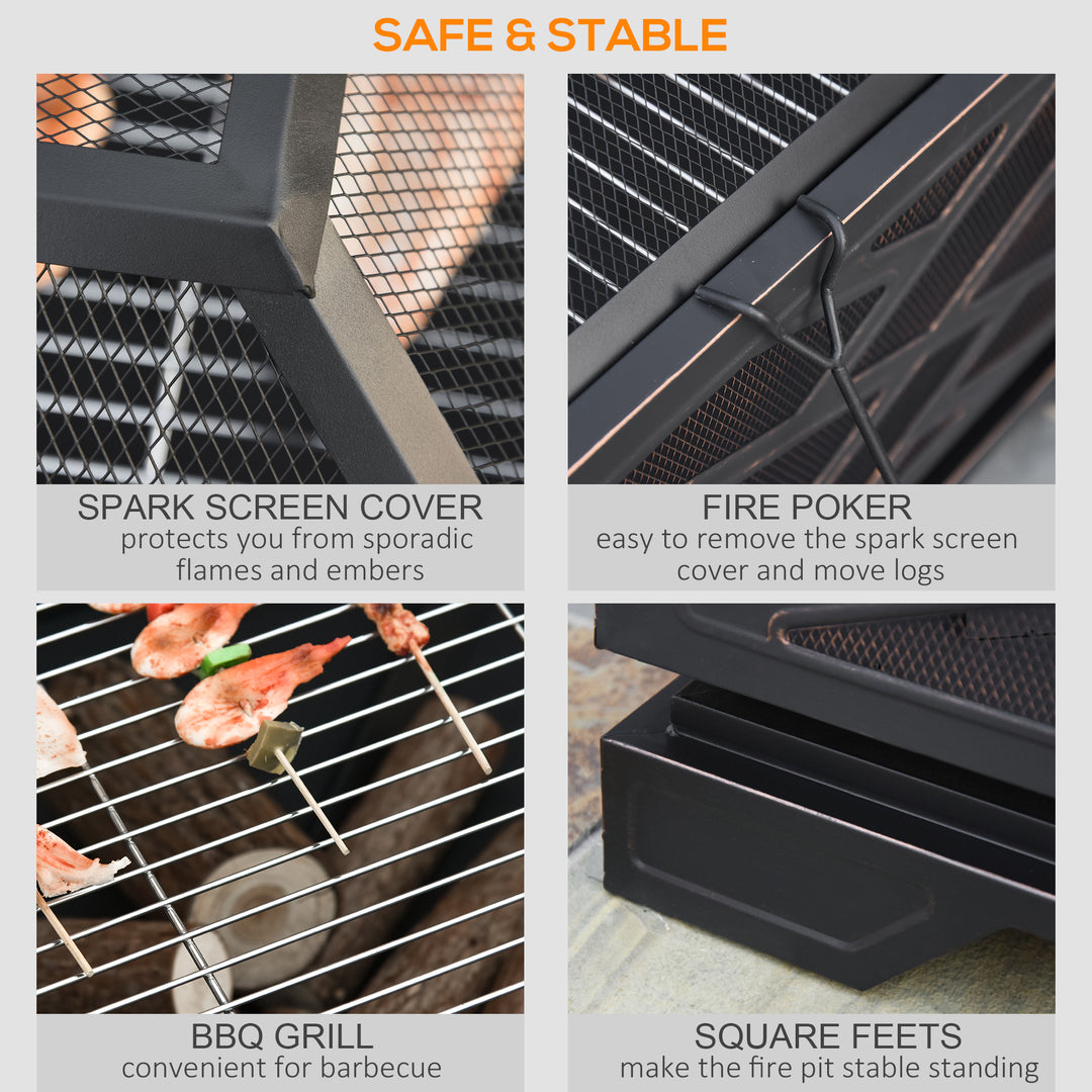 Outsunny 66cm 2 in 1 Square Fire Pit Metal Brazier for Garden, Patio with BBQ Grill Shelf &amp; Spark Screen Cover &amp; Poker, Black