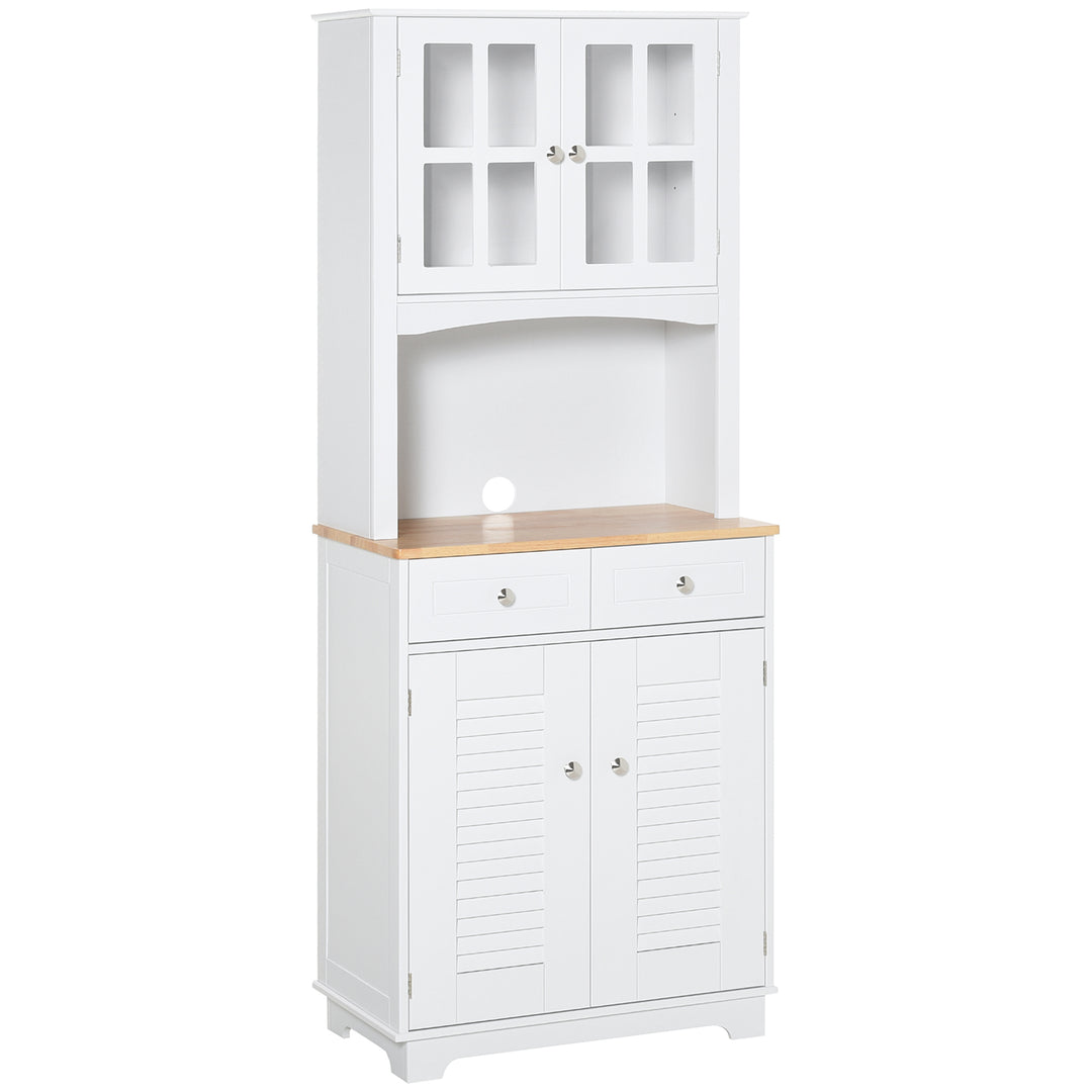 Modern Kitchen Cupboard, Louvered Kitchen Storage Cabinet with Framed Glass Doors and 2 Drawers, White