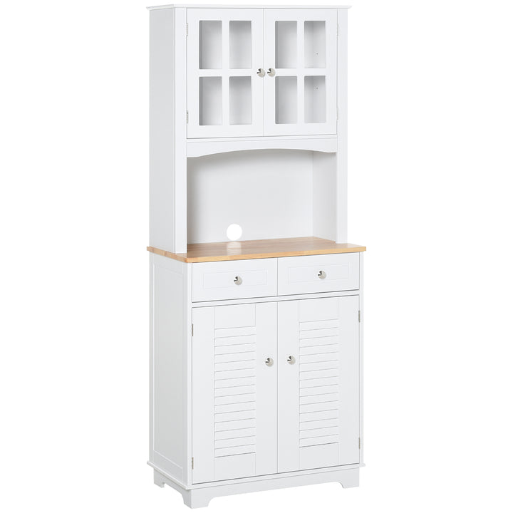 Modern Kitchen Cupboard, Louvered Kitchen Storage Cabinet with Framed Glass Doors and 2 Drawers, White