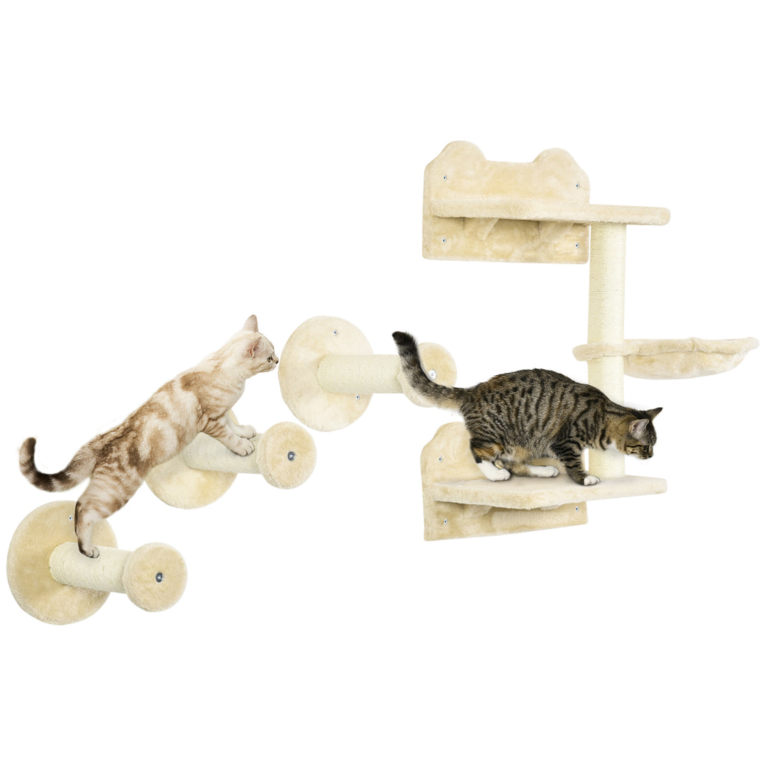 PawHut 4PCs Cat Shelf, Cat Wall Furniture w/ Hammock, Steps, Platforms, Scratching Post, Wall Mounted Cat Tree for Indoor Cat, Beige