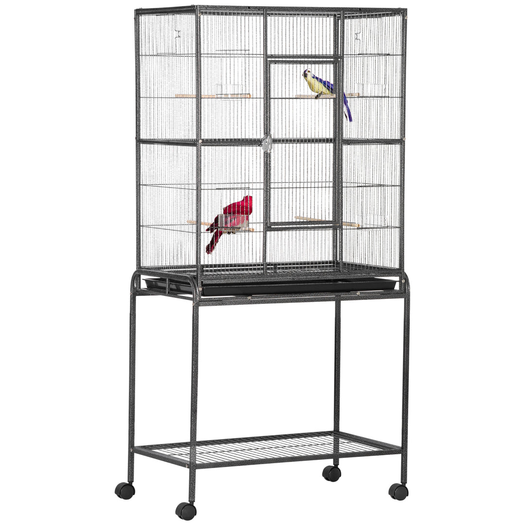 PawHut Bird Cage Metal Canary Cages for Parakeet with Detachable Rolling Stand, Storage Shelf, Wood Perch, Food Container