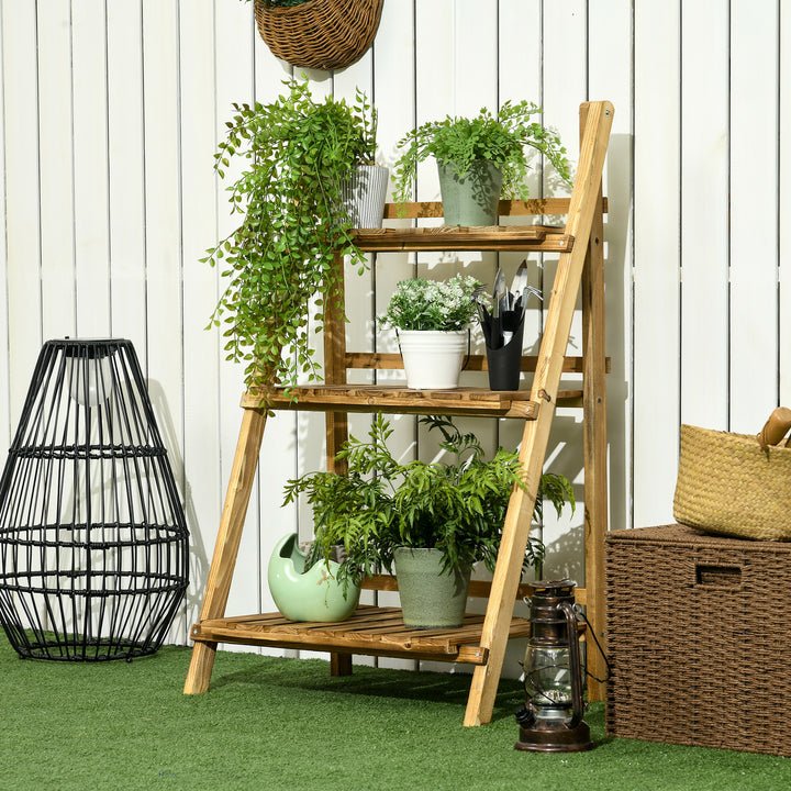 Wooden Folding Flower Pot Stand 3 Tier Garden Planter Display Ladder Gardener Storage Shelves Rack Herb Holder (60L x 37W x 93H (cm))