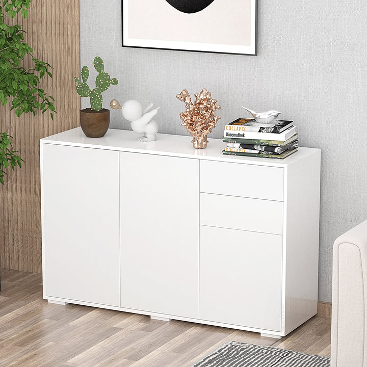 High Gloss Sideboard, Side Cabinet, Push-Open Design with 2 Drawer for Living Room, Bedroom, White