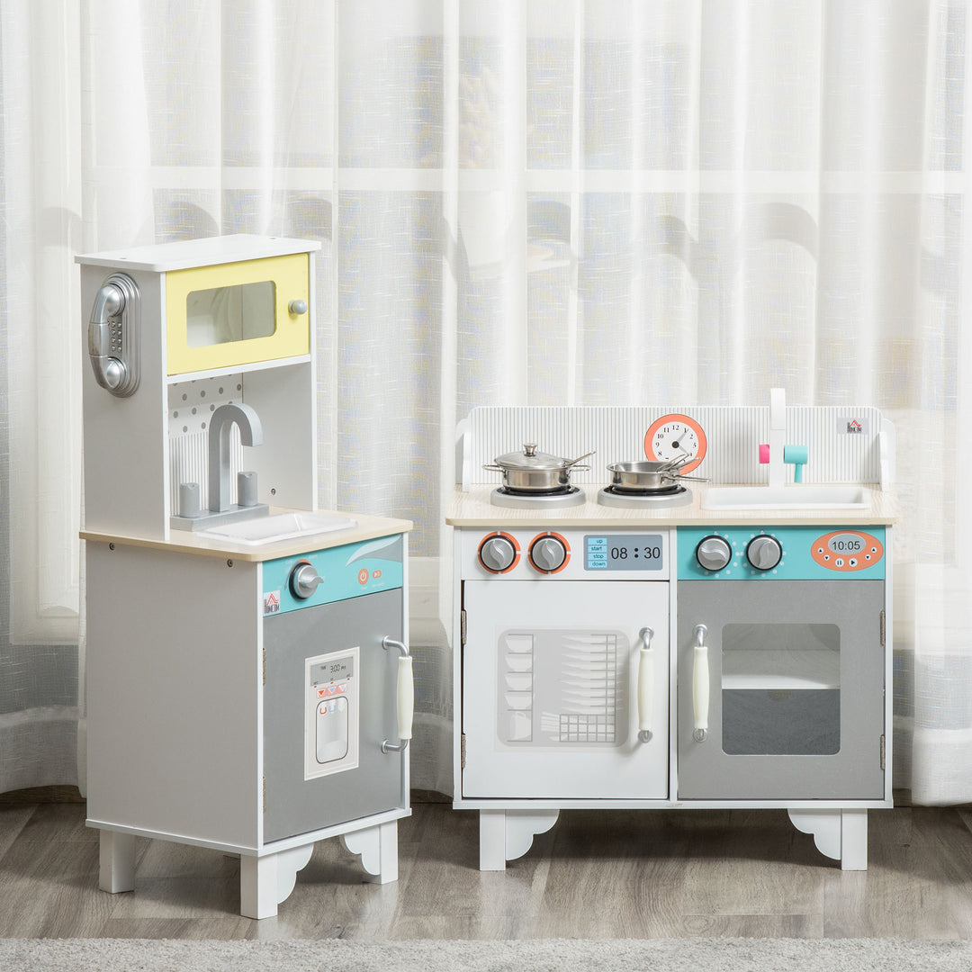 Two Kids Wooden Toy Kitchen Play Cooking Set Pretend Role Playset, with  Sink, Telephone, Storage Basket, for 3-6 Years Old