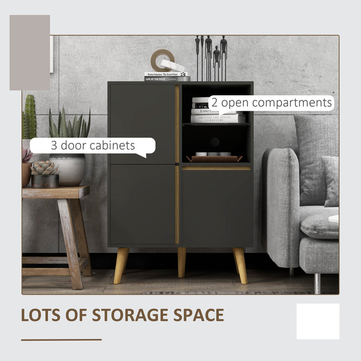 Storage Cabinet Sideboard with Tempered Glass Adjustable Shelves and Solid Wood Legs