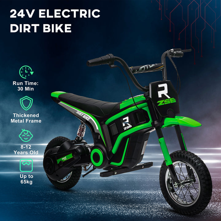 24V Electric Motorbike, Dirt Bike with Twist Grip Throttle, Music Horn, 12" Pneumatic Tyres, 16 Km/h Max. Speed, Green