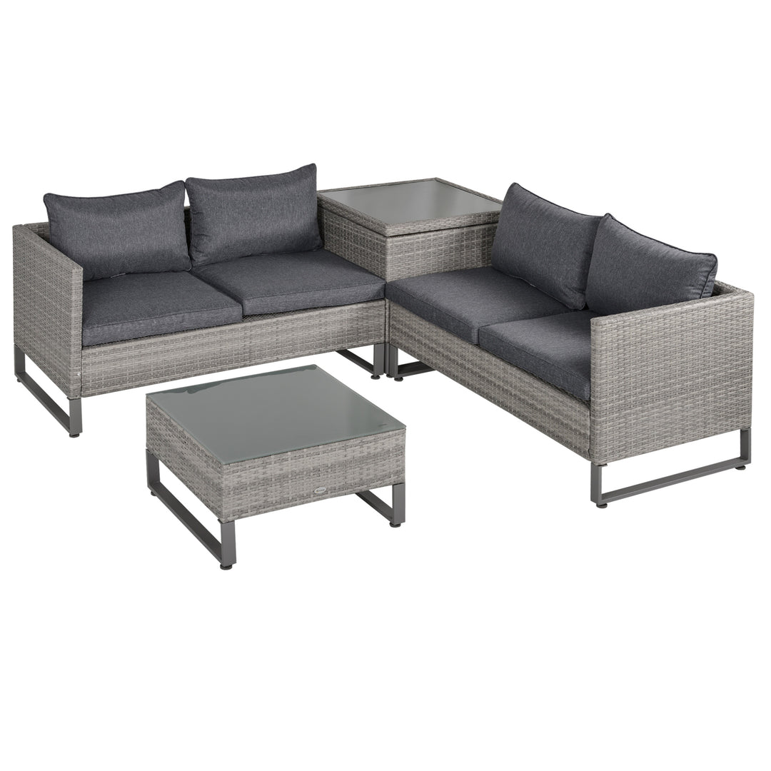 4-Seater PE Rattan Sofa Set Wicker Garden Furniture Outdoor Conservatory Furniture Coffee Table w/ Side Storage Box & Cushion, Grey