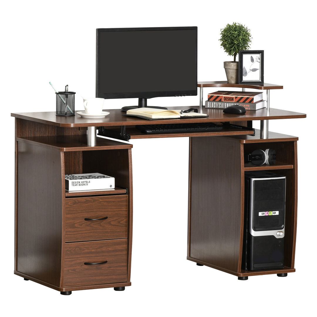 Computer Desk Office PC Table Workstation Gaming Study with Keyboard Tray, CPU Shelf, Drawers, Sliding Scanner Shelf, Brown