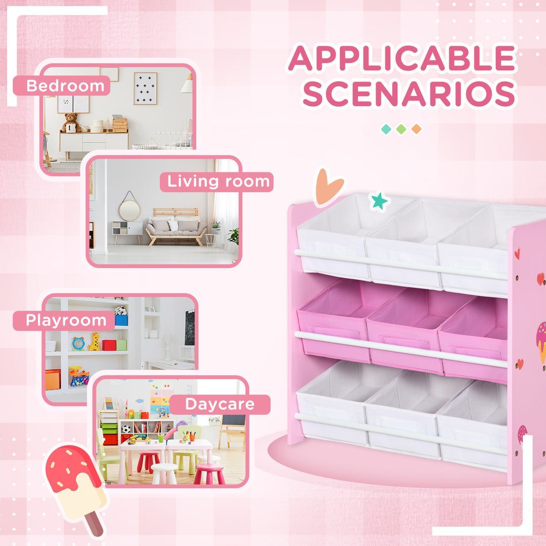 Kids Storage Unit with 9 Removable Storage Baskets, Toy Box Organiser with Shelf, Book Shelf for Nursery Playroom, Pink