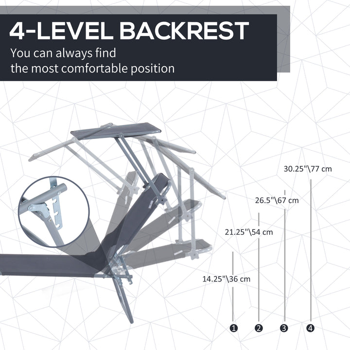 2 Pieces Outdoor Foldable Sun Lounger Set with Removeable Shade Canopy, Patio Recliner Sun Lounger with Adjustable Backrest with Mesh Fabric, Grey