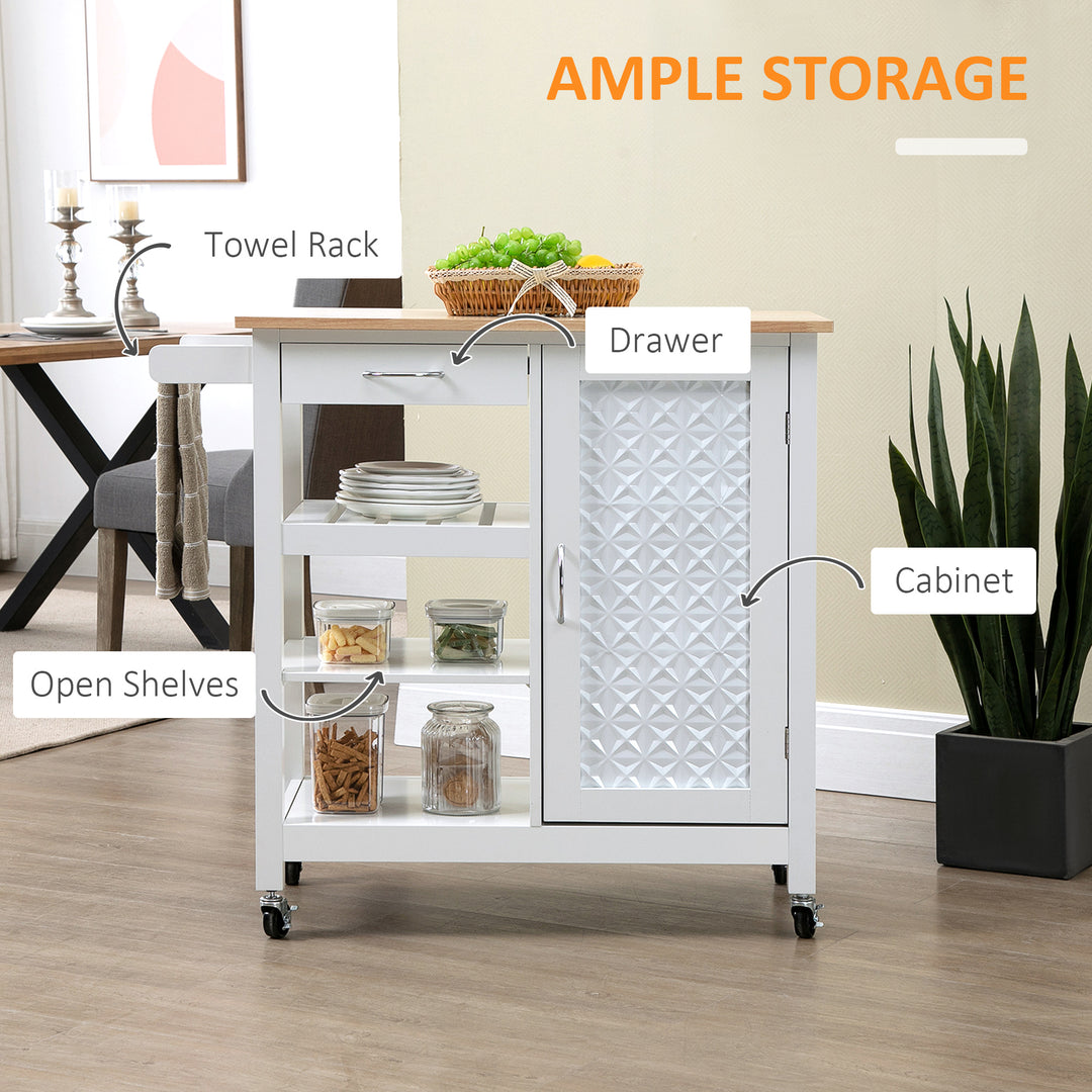 Kitchen Cart on Wheels with Embossed Door Panel, Utility Kitchen Island with Storage Drawer, White