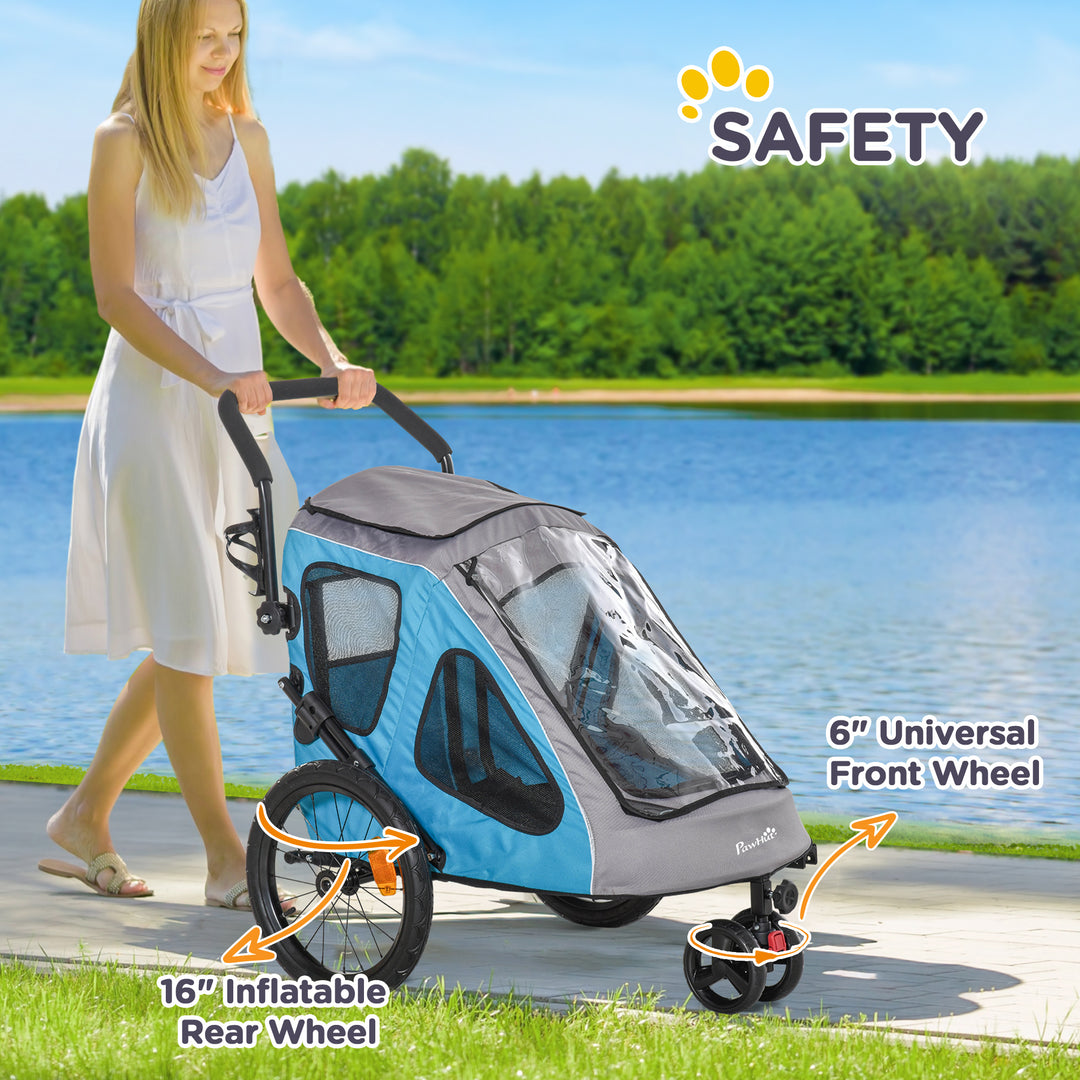 Dog Bike Trailer 2-IN-1 Steel Pet Cart Carrier for Bicycle with 360° Rotatable Front Wheel Reflectors Straps Cup Holder Water Resistant Blue