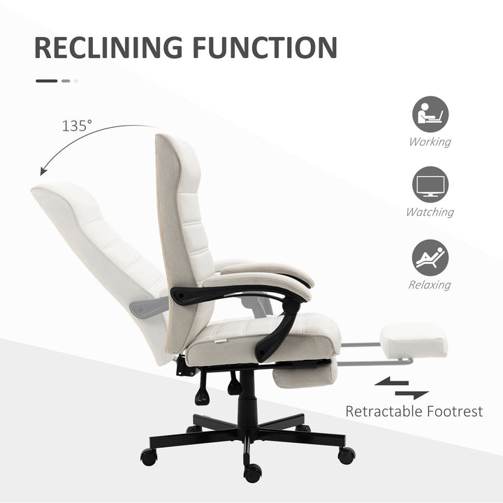 High-Back Home Office Chair, Linen Swivel Reclining Chair with Adjustable Height, Footrest and Padded Armrest for Living Room Cream White