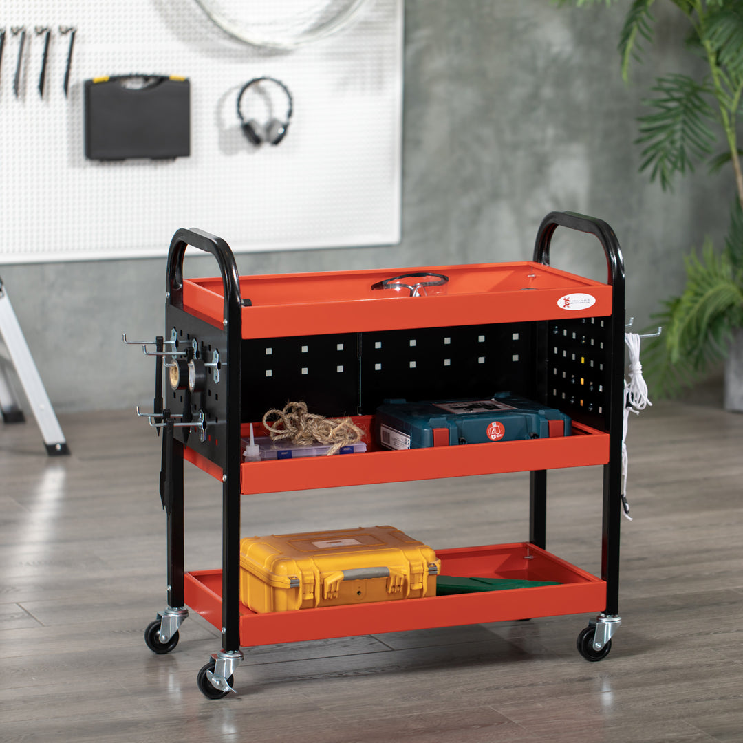 DURHAND 3 Tier Shelf Tool Cart Storage Trolley Wheel Cart for Garage Workshop Warehouse DIY Tool with 10 Hooks 100 kg Red