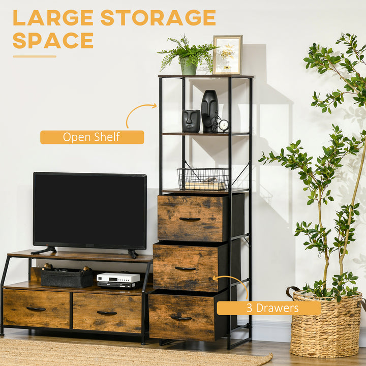 HOMCOM Industrial Tall Bookcase w/ 2 Open Shelves and 3 Foldable Fabric Drawers, Multifunctional Storage Cabinet in Living Room, Study, Rustic Brown