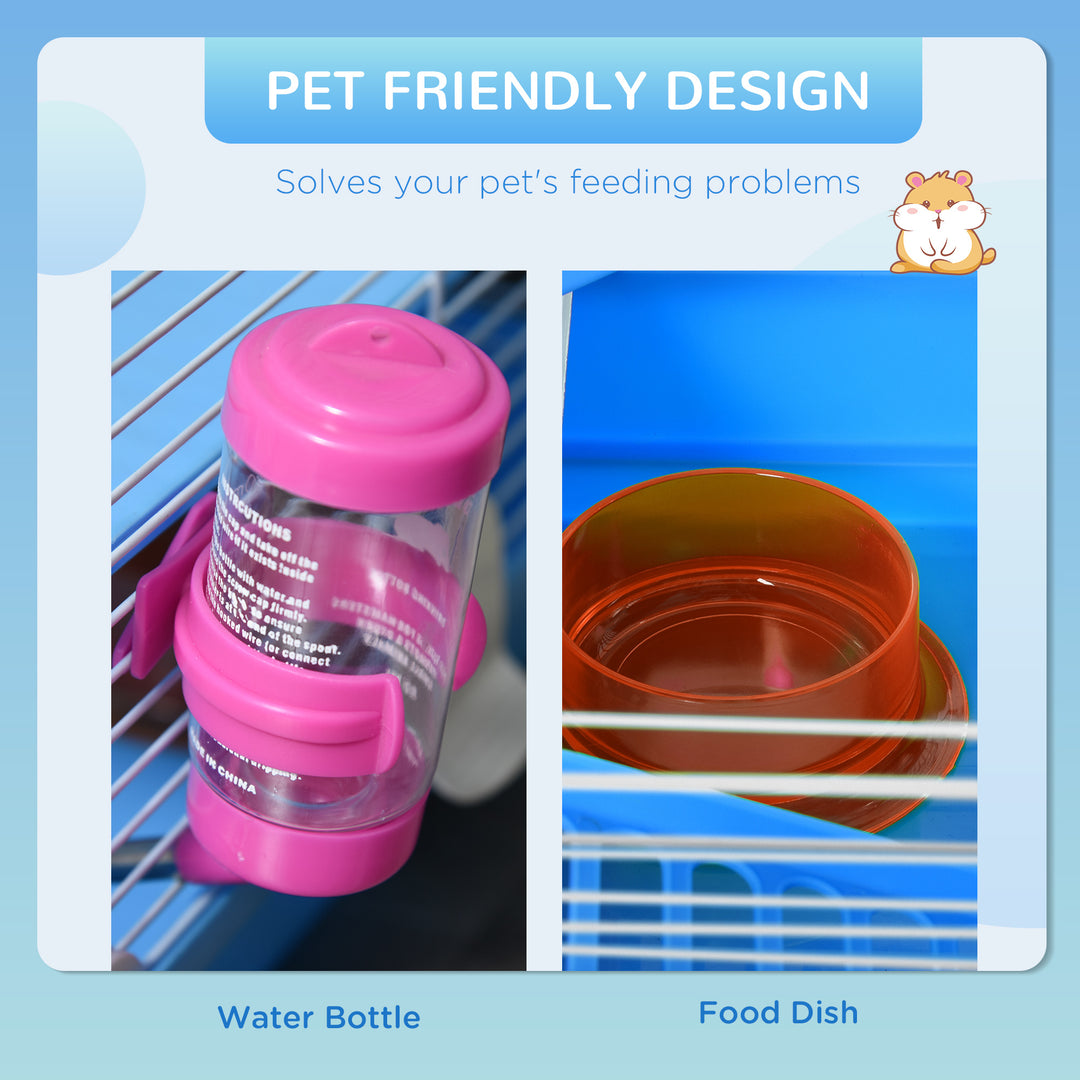 Pawhut 2 Tier Hamster Cage Carrier Habitat Small Animal House with Exercise Wheels Tunnel Tube Water Bottle Dishes House Ladder for Dwarf Mice, Blue