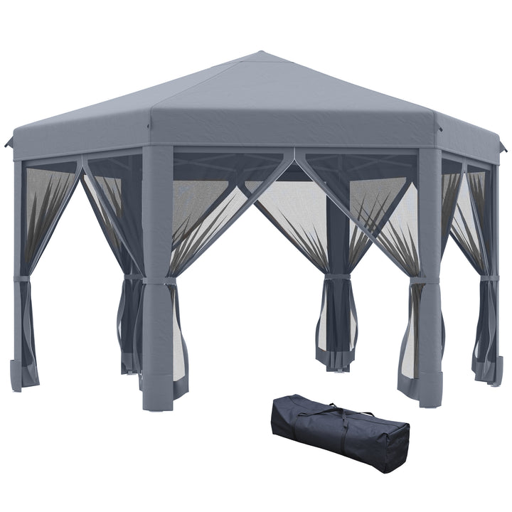 Outsunny 3.2m Canopy Rentals Pop Up Gazebo Hexagonal Canopy Tent Outdoor Sun Protection w/ Mesh Sidewalls, Handy Bag, Grey