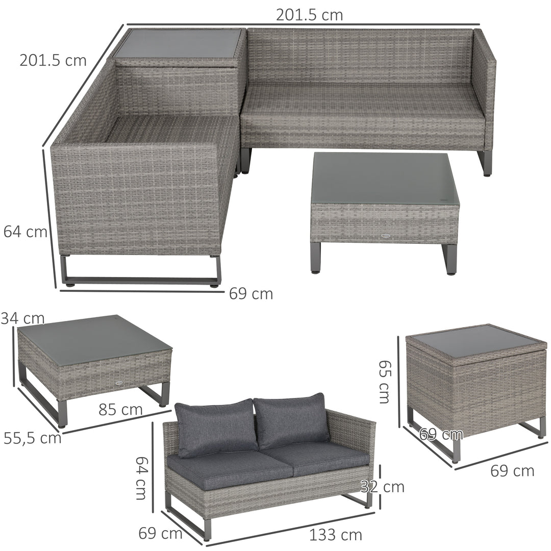 4-Seater PE Rattan Sofa Set Wicker Garden Furniture Outdoor Conservatory Furniture Coffee Table w/ Side Storage Box & Cushion, Grey