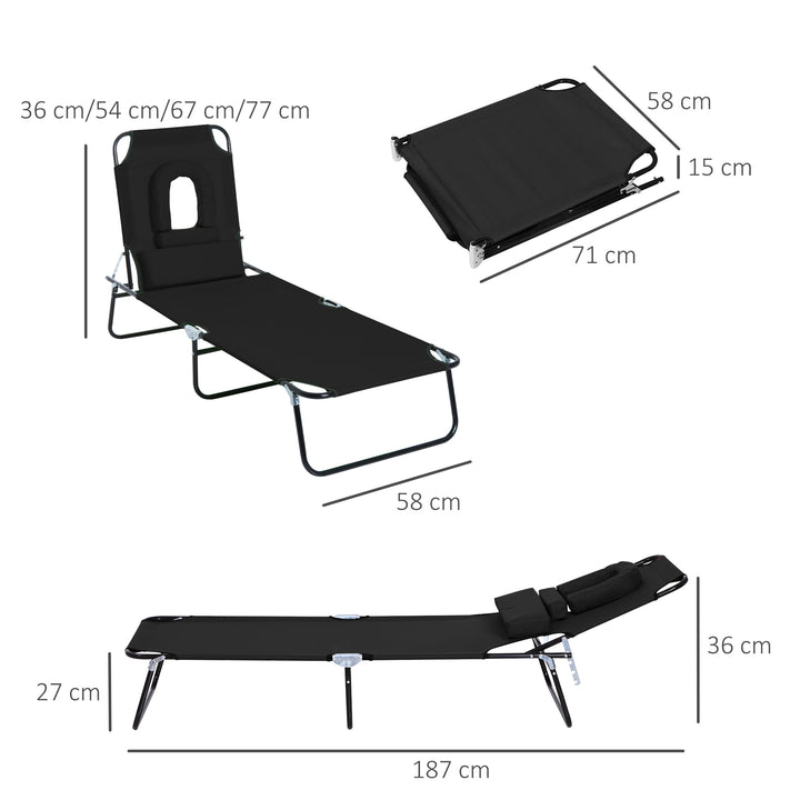 Sun Lounger Foldable Reclining Chair with Pillow and Reading Hole Garden Beach Outdoor Recliner Adjustable Black