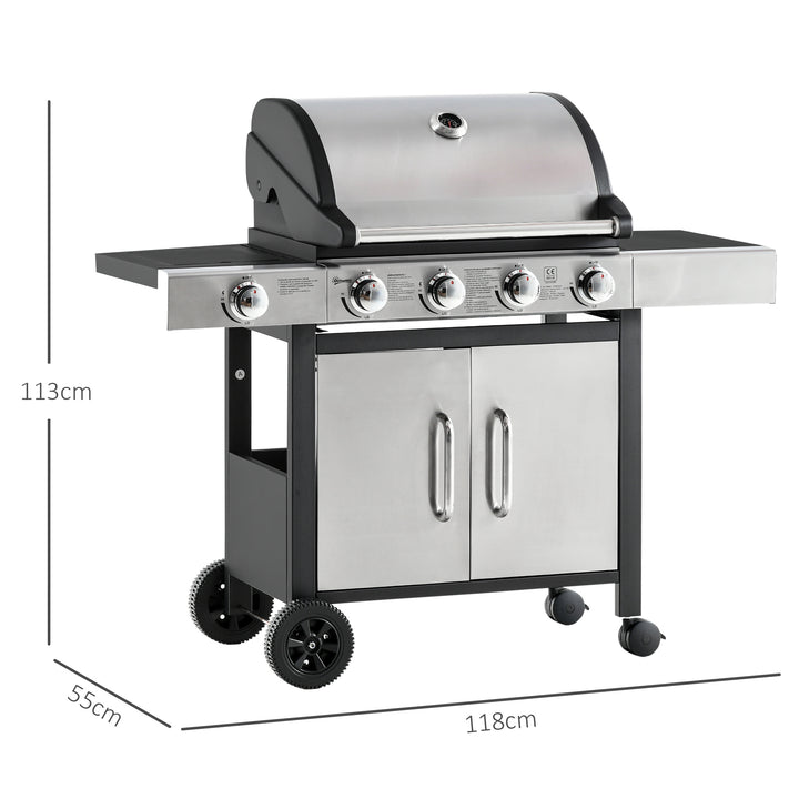 Gas Burner Barbecue Grill 4+1 Burner Garden BBQ Trolley w/ Side Burner Warming Rack Side Shelves Storage Cabinet Piezo Ignition Thermometer