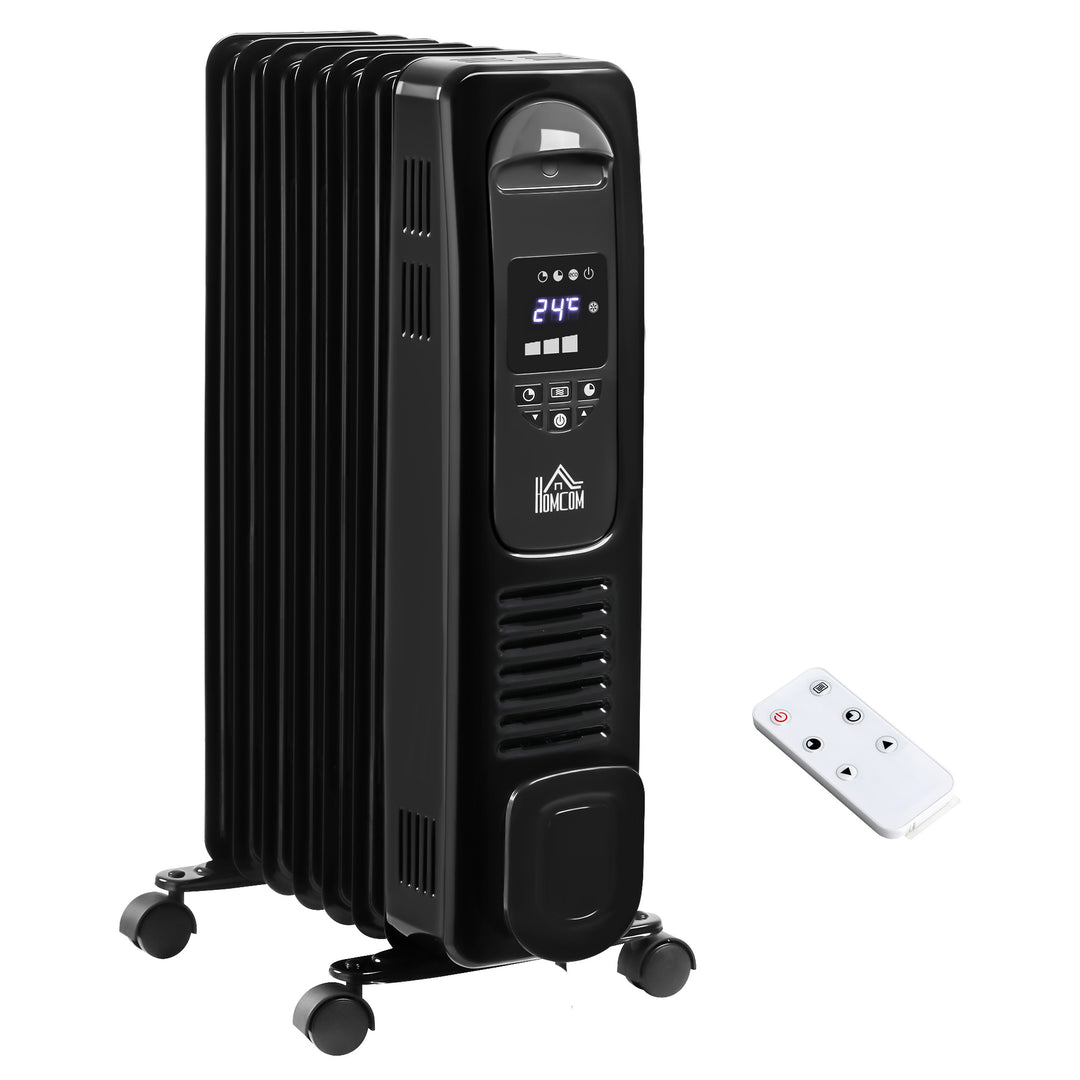 HOMCOM 1630W Digital Oil Filled Radiator, 7 Fin, Portable Electric Heater with LED Display, Built-in Timer, 3 Heat Settings, Remote Control, Black