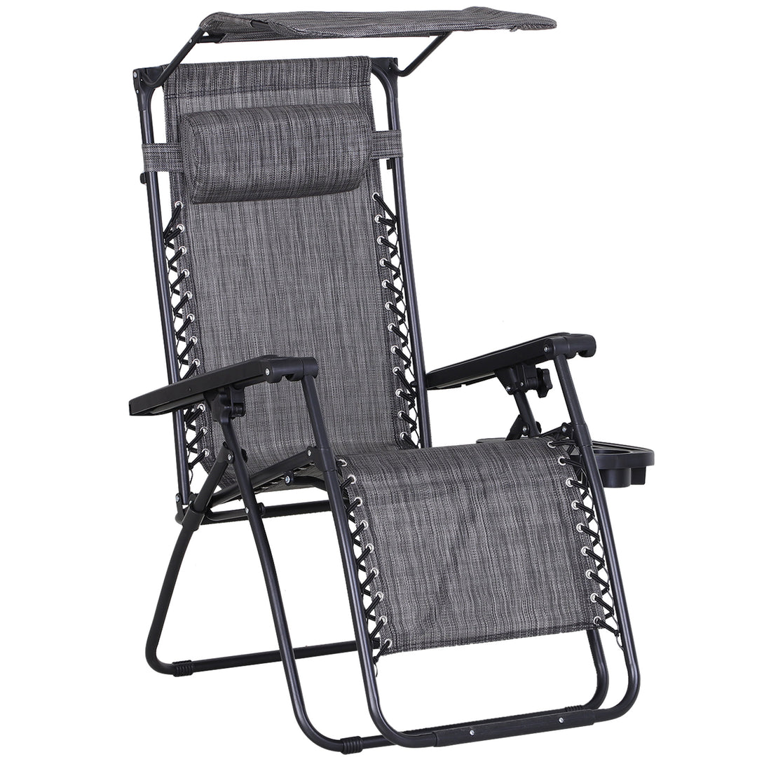 Zero Gravity Garden Deck Folding Chair Patio Sun Lounger Reclining Seat with Cup Holder & Canopy Shade - Grey