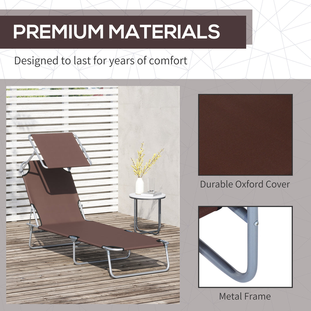 2 Pieces Outdoor Foldable Sun Lounger Set with Removeable Shade Canopy, Patio Recliner Sun Lounger with Adjustable Backrest with Mesh Fabric, Brown