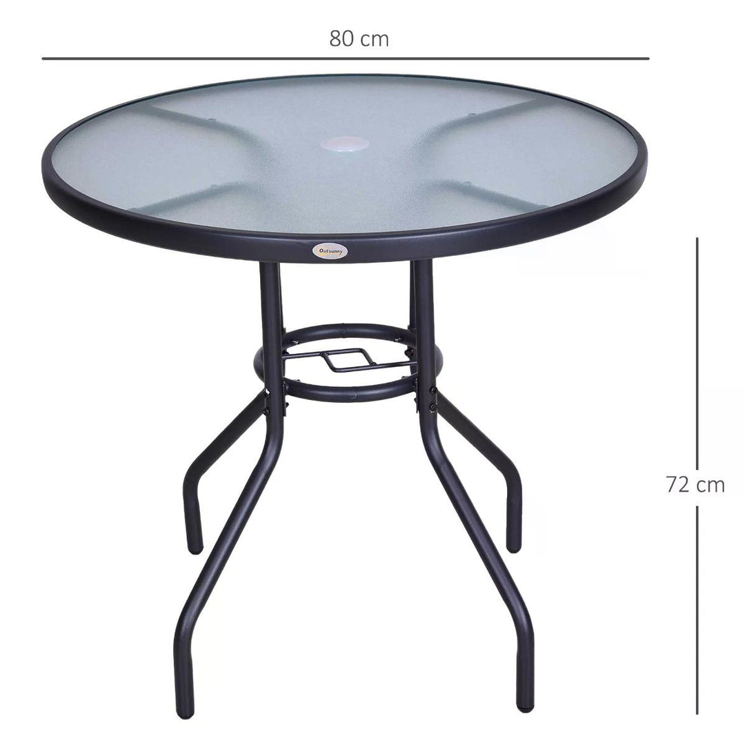 Outdoor Round Dining Table Tempered Glass Top Steel Garden Table w/ Parasol Hole 80cm