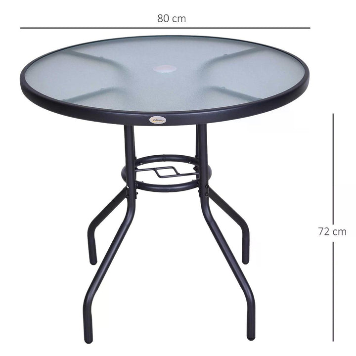 Outdoor Round Dining Table Tempered Glass Top Steel Garden Table w/ Parasol Hole 80cm