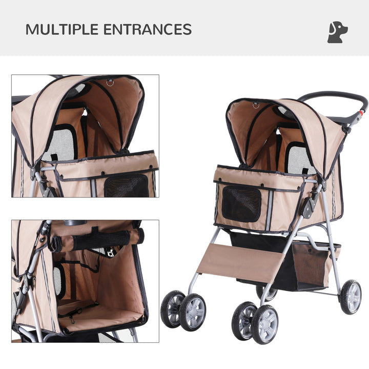 PawHut Dog Pram Pet Stroller Foldable Dog Pushchair with Wheels Zipper Entry Cup Holder Storage Basket Brown