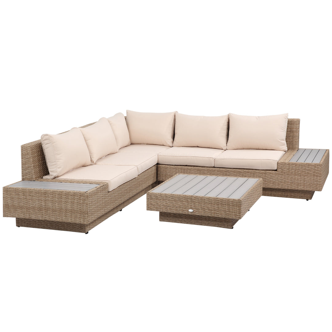 5-Seater Rattan Garden Furniture Outdoor Sectional Corner Sofa and Coffee Table Set  Conservatory Wicker Weave w/ Armrest Cushions, Beige