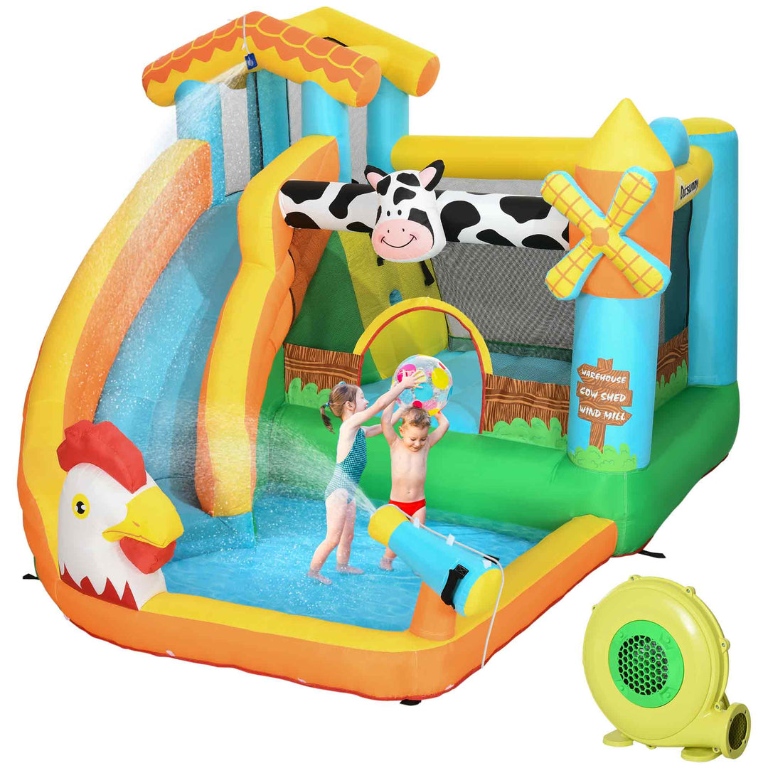 5 in 1 Kids Bounce Castle Farm Style Inflatable House with Slide Trampoline Pool Water Cannon Climbing Wall Inflator Carry bag for Ages 3-8