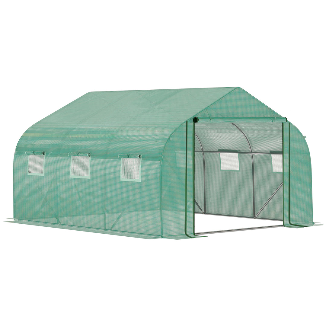 Outsunny Walk-in Polytunnel Garden Greenhouse, Outdoor Greenhouse with PE Cover, Zippered Roll Up Door and 6 Windows, 3.5 x 3 x 2m, Green