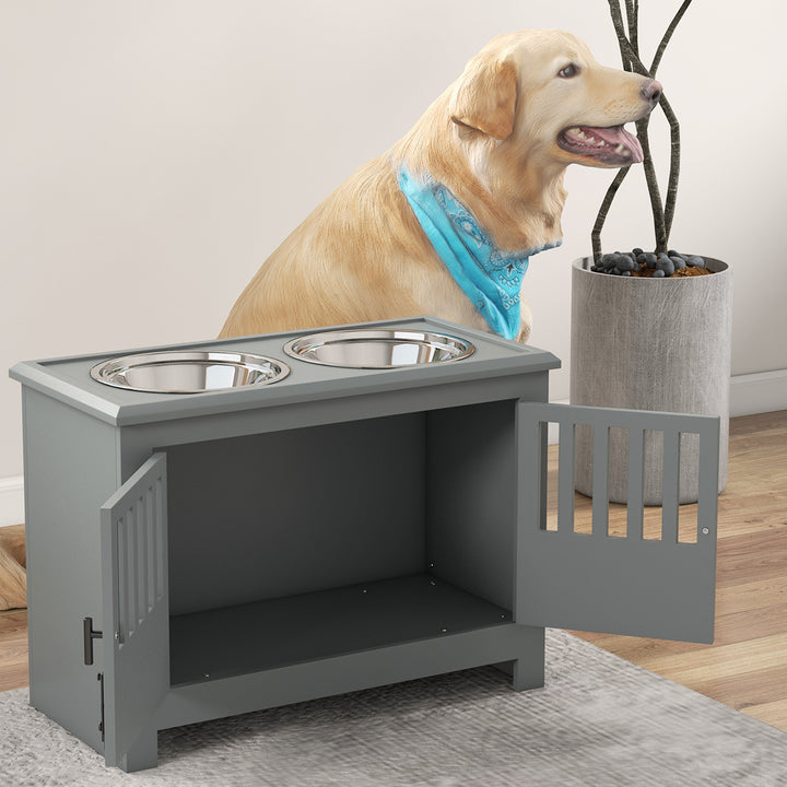 Raised Dog Bowls & Pet Feeding Station, Storage Cabinet-Grey