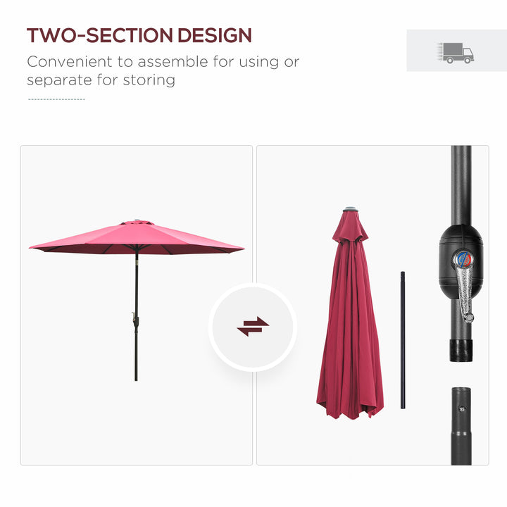 3(m) Tilting Parasol Garden Umbrellas, Outdoor Sun Shade with 8 Ribs, Tilt and Crank Handle for Balcony, Bench, Garden, Wine Red