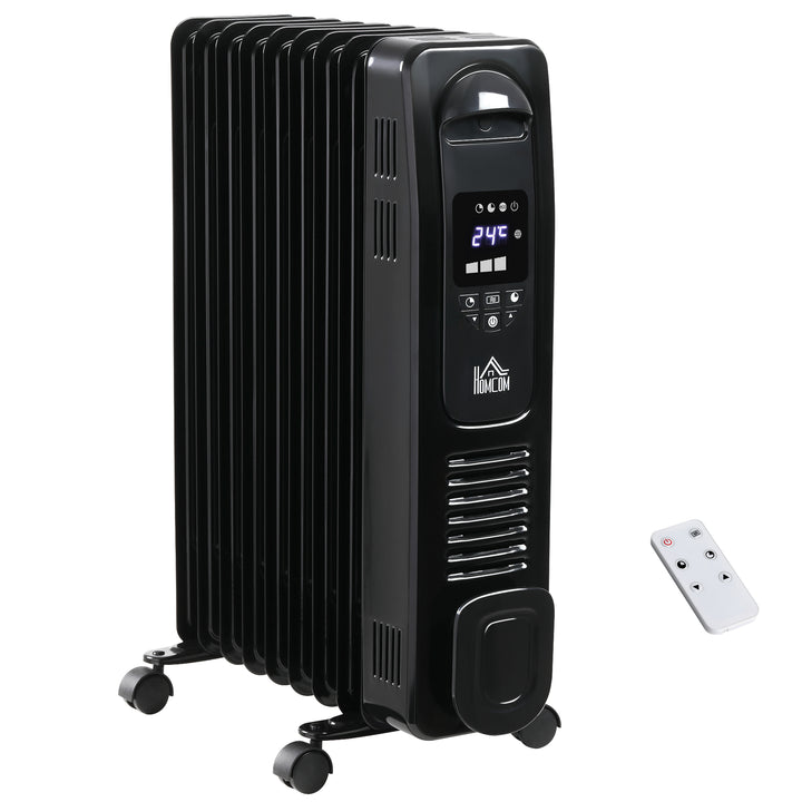 HOMCOM 2180W Digital Oil Filled Radiator, 9 Fin, Portable Electric Heater with LED Display, Timer 3 Heat Settings Safety Cut-Off Remote Control Black