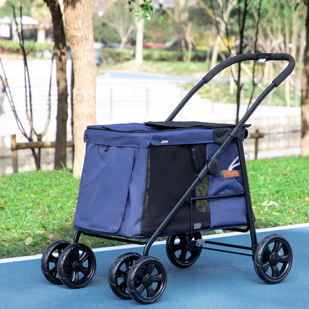 One-Click Foldable Dog Pushchair w/ EVA Wheels, Storage Bags, Mesh Windows, Doors, Safety Leash, Cushion, for Small Pets - Dark Blue