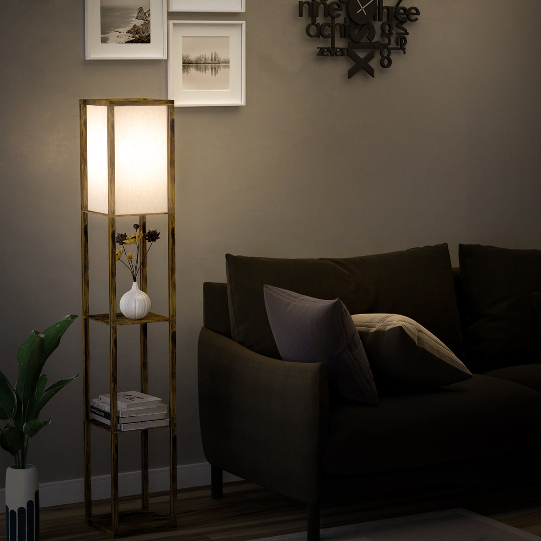 4-Tier Floor Lamp, Floor Light with Storage Shelf, Reading Standing Lamp for Living Room, Bedroom, Kitchen, Dining Room, Office, Rustic Brown