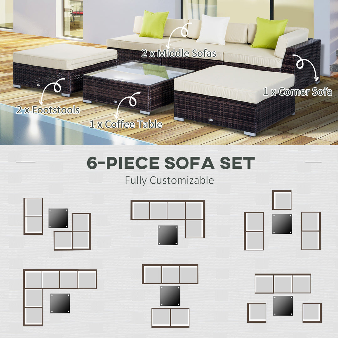 5-Seater Rattan Sofa Coffee Table Set Sectional Wicker Weave Furniture for Garden Outdoor Conservatory w/ Pillow Cushion  Brown
