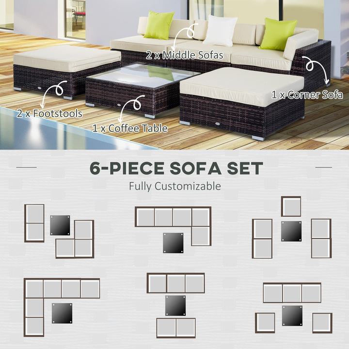 5-Seater Rattan Sofa Coffee Table Set Sectional Wicker Weave Furniture for Garden Outdoor Conservatory w/ Pillow Cushion  Brown