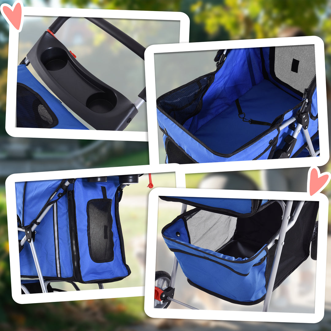 PawHut Dog Pushchair for Small Miniature Dogs Cats Foldable Travel Carriage with Wheels Zipper Entry Cup Holder Storage Basket Blue