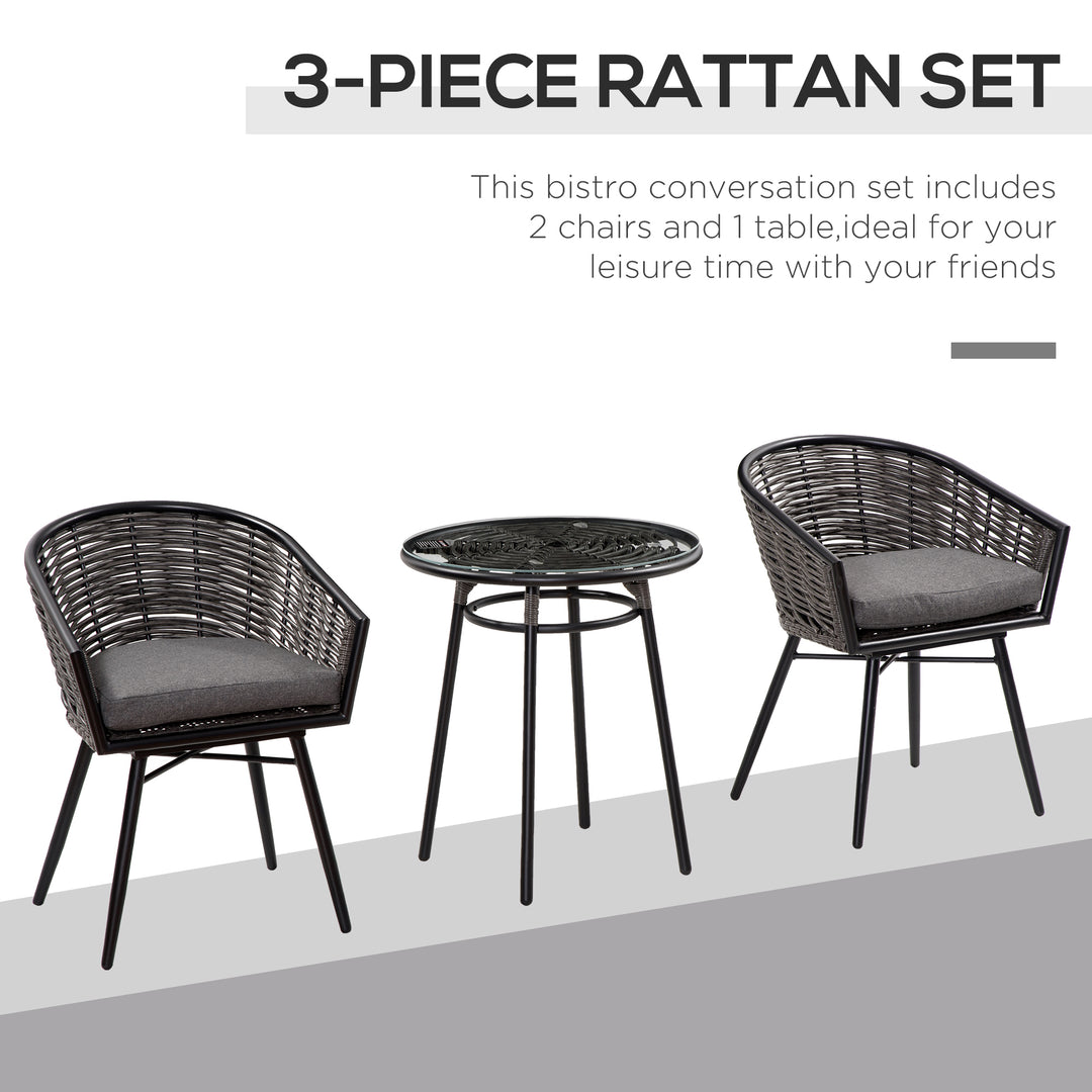 Outsunny Rattan Bistro Set 2-Seater Wicker Garden Furniture Round Table for Patio and Balcony w/ Cushions, Grey