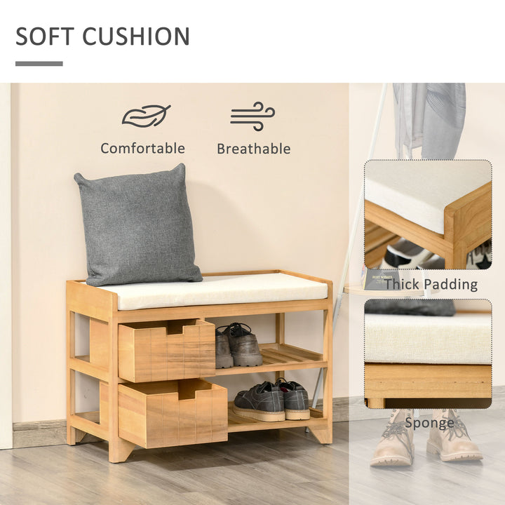 Wooden 2 Tier Shoe Storage Bench Rack Shelves Cushioned Seat  Entryway Hallway Organiser with 2 Drawers - Natural Wood Colour